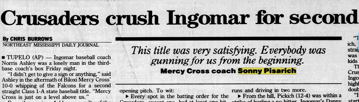 Prep Baseball: 35 years ago, Mercy Cross capped off a two year dominance of Class 1A with another state title
